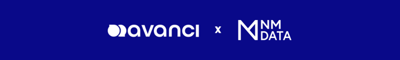 Logos co-branding AVA x NM Data blancs fond bleu